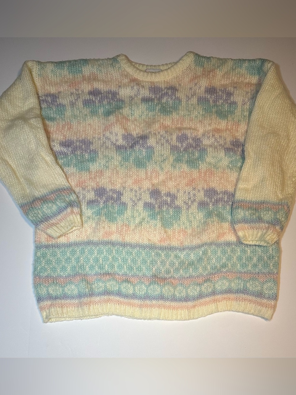 Vtg 80s Pastel Floral Intarsia Knit Pullover Sweater